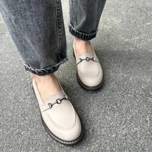 Women Creamy Beige Penny Loafers, Tan Loafer Shoes