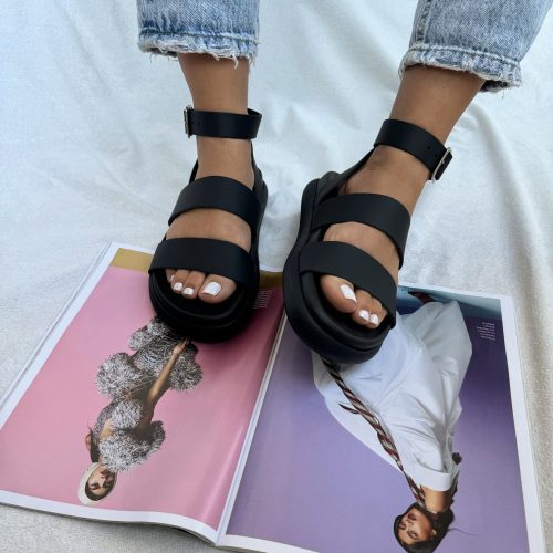 Black Leather Flat Sandals Women Platforms Wedges Greek
