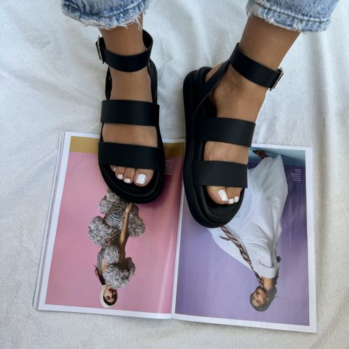 Black Leather Flat Sandals Women Platforms Wedges Greek