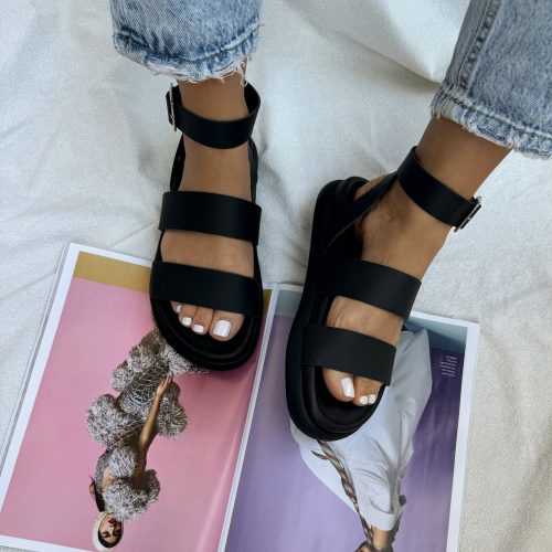 Black Leather Flat Sandals Women Platforms Wedges Greek