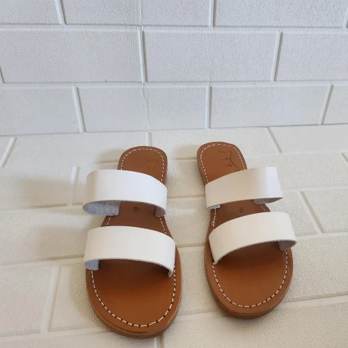 Women’s White Double Strap Moroccan Leather Slides