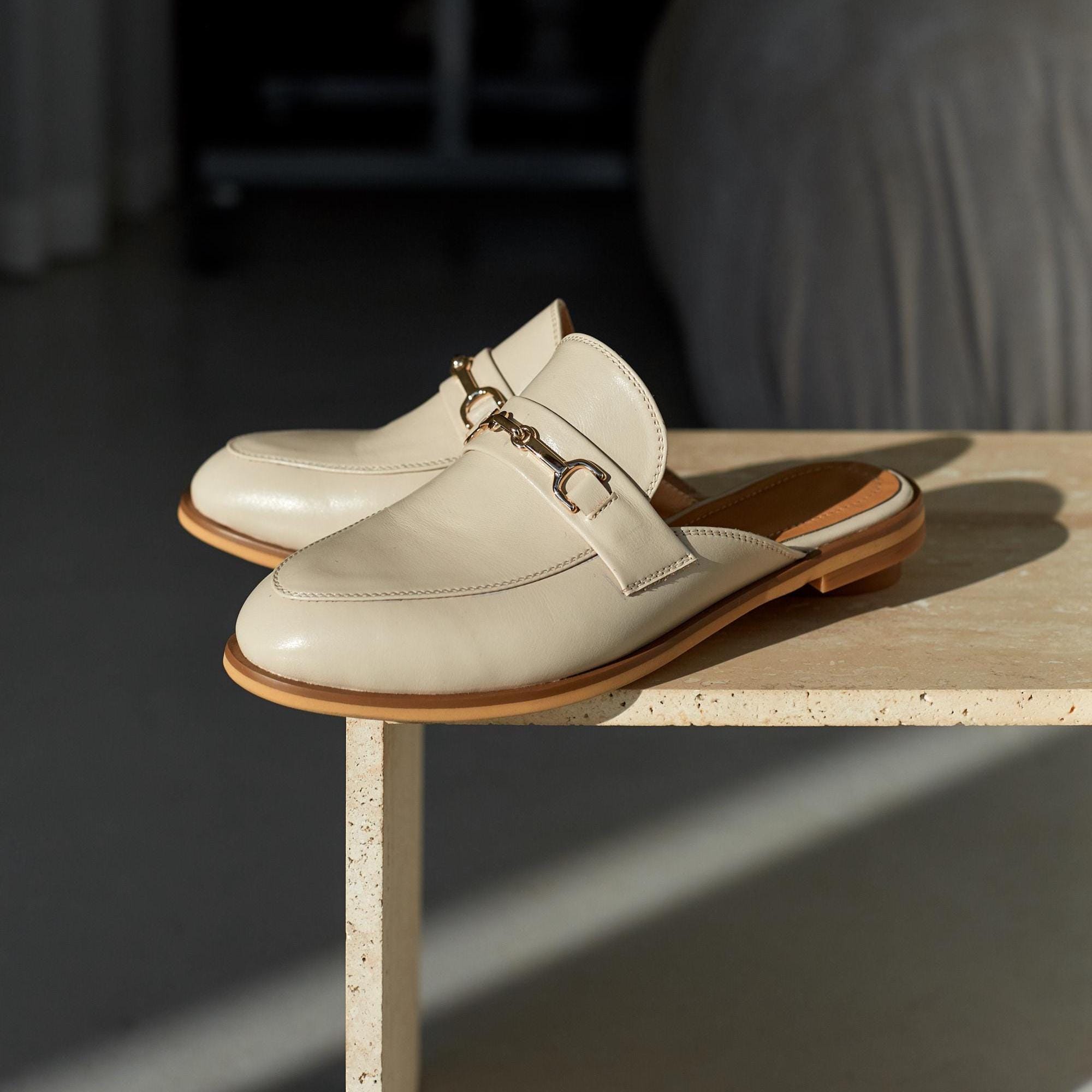 Women S Backless Loafers Beige Leather Mules With