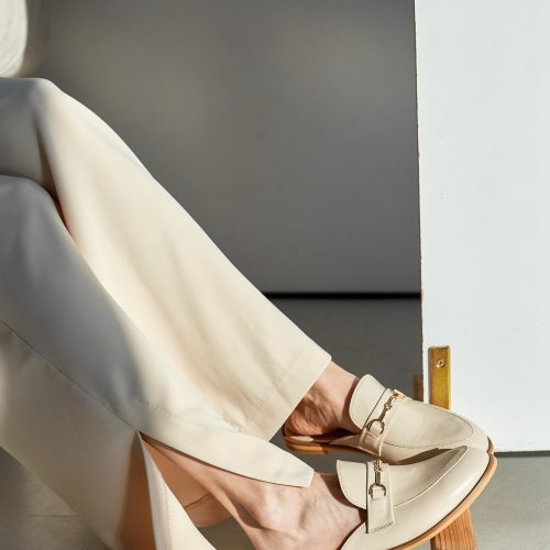 Beige Leather Women's Mules Backless Flat Shoes Casual