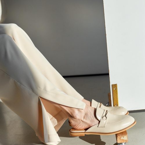 Beige Leather Women's Mules Backless Flat Shoes Casual