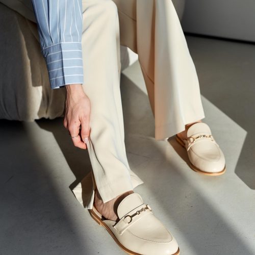 Beige Leather Women's Mules Backless Flat Shoes Casual