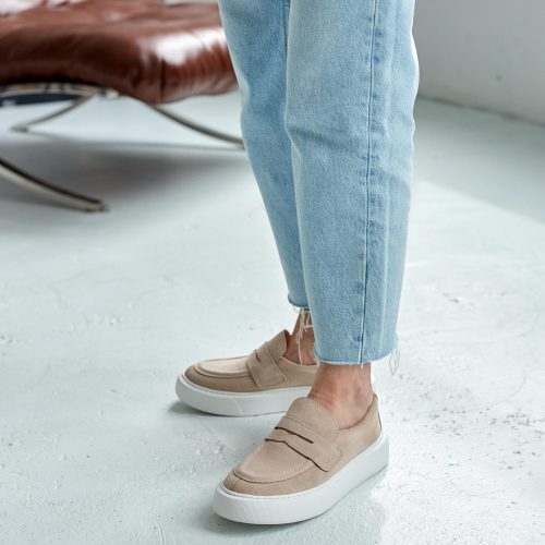 Beige Leather Loafers Casual Soft Flats Suede Loop