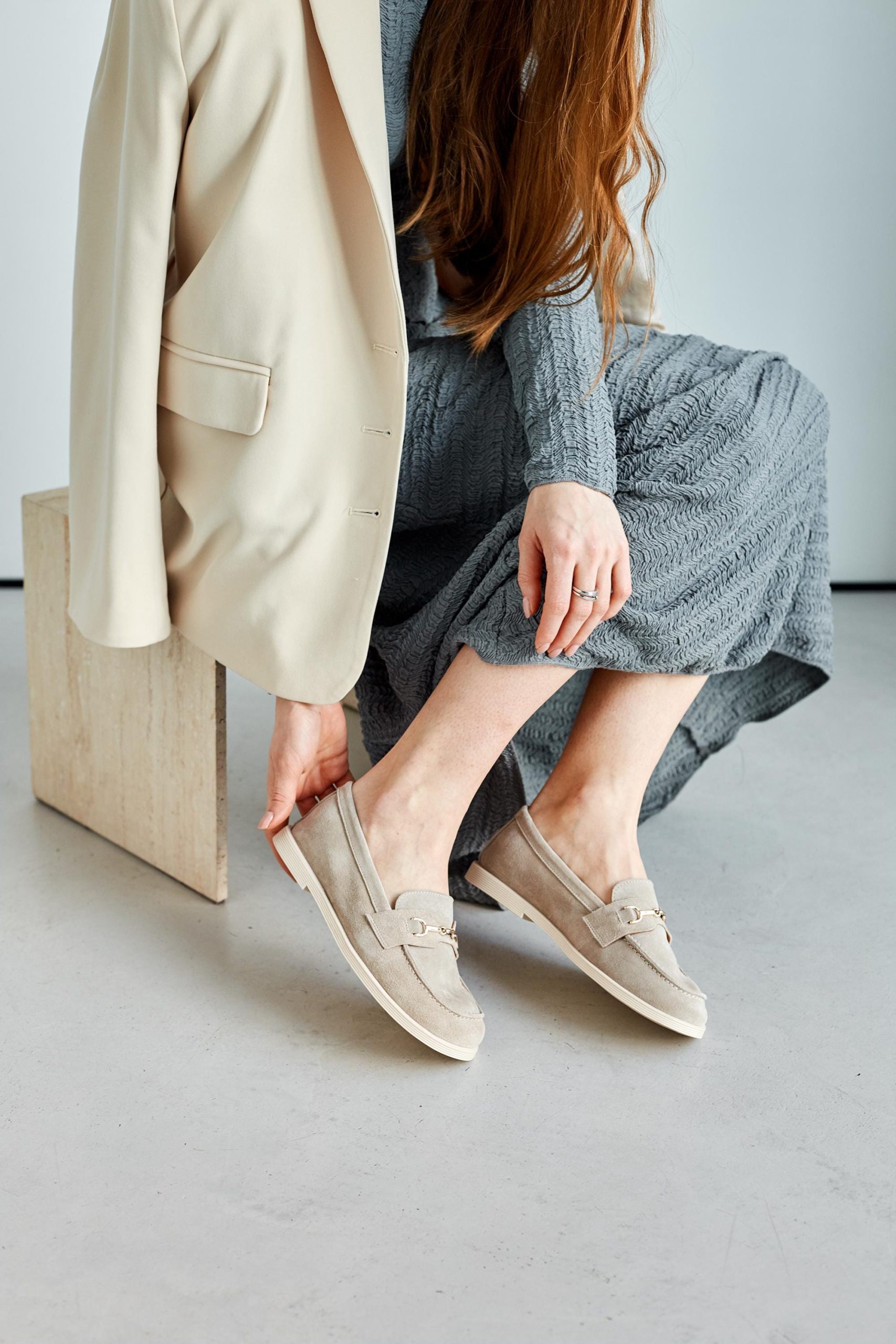 Minimalist Suede Loafers Handmade Leather Moccasins Soft Beige