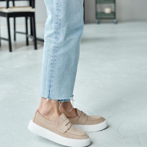 Beige Leather Loafers Casual Soft Flats Suede Loop