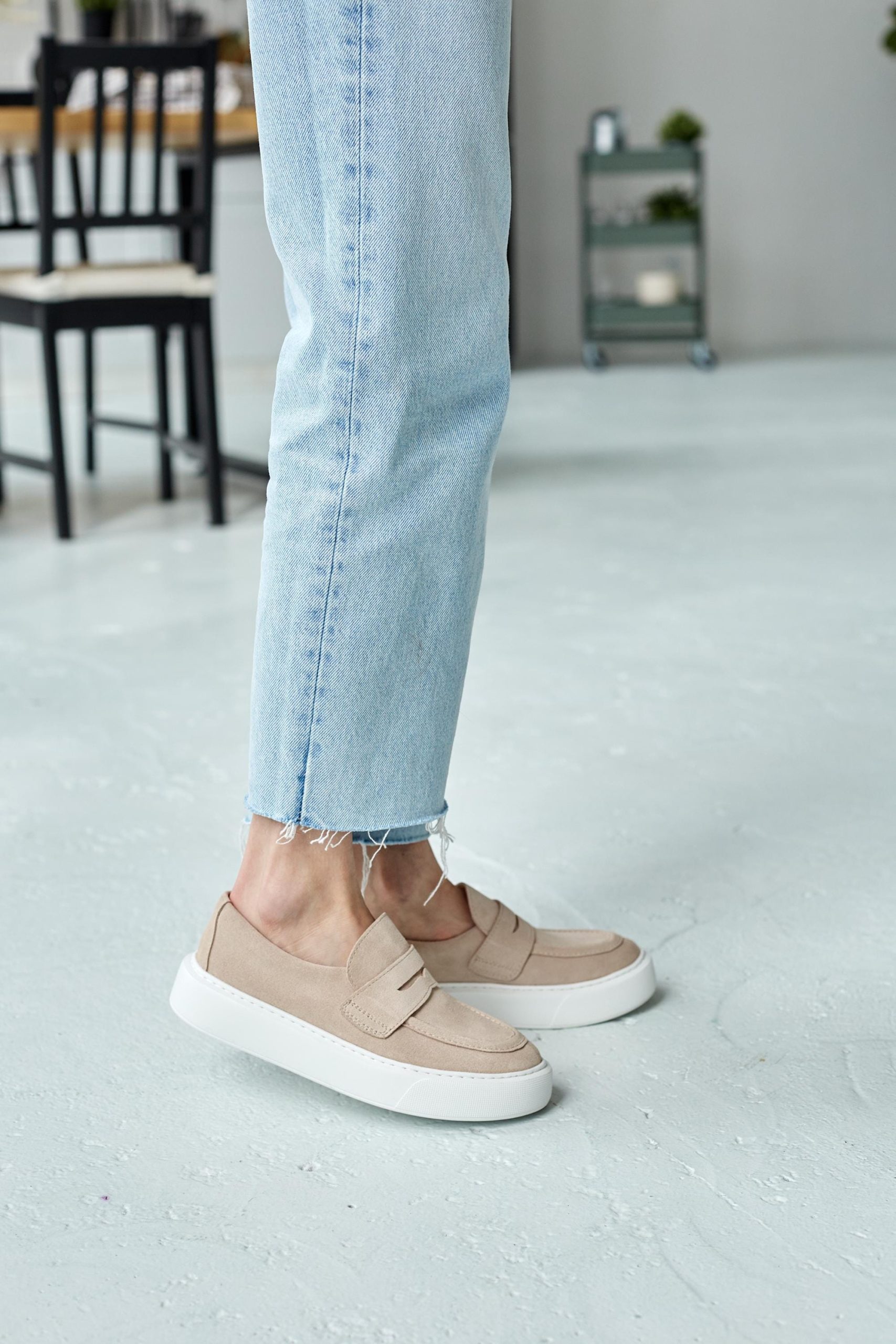 Beige Leather Loafers Casual Soft Flats Suede Loop